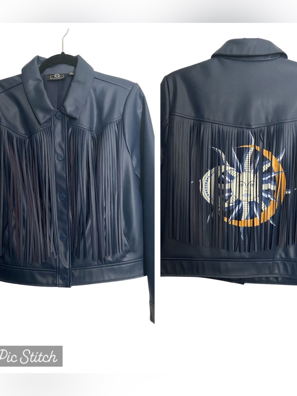 G by Giuliana Lined Faux Leather Graphic Fringe Jacket Blue Celestial Size M New